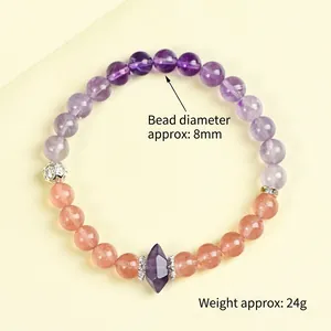 Natural 8mm amethyst and strawberry quartz beaded bracelet with a hex prism pendant