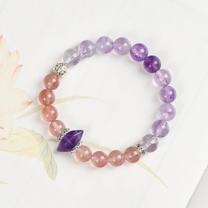 Natural 8mm amethyst bead bracelet with strawberry crystal pendant and silver floral charms