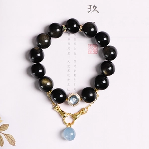Natürliches Goldobsidian Perlenarmband Mit Aquamarin Anhänger Retro Hand Charm Vergoldete Legierung Unisex Schmuck Geschenk