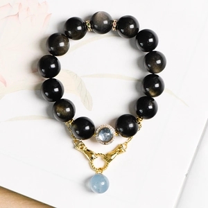 Goldenes Obsidian-Armband 14mm mit Aquamarin-Anhänger und goldenen Verschlüssen