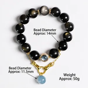 Armband aus 14mm Goldobsidian mit Aquamarin-Perle und handgeformten Anhängern