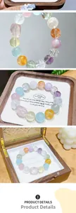 Macro view of multi-color 12mm macaron crystal bead bracelet with natural wood gift box