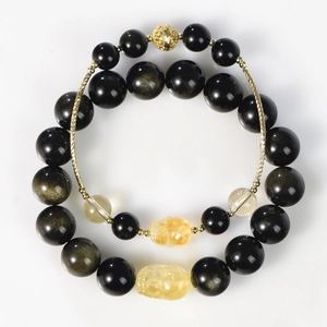 Natural Gold Sheen Obsidian Rutilated Quartz Pixiu Bracelet Round Bead Couple Good Luck Charm Jewelry Birthday Gift