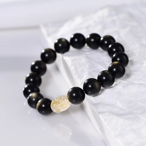 Natural 12mm Golden Sheen Obsidian bracelet with carved Rutilated Quartz Pixiu charm