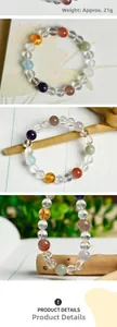 Detailed close-up of 8mm multicolored natural crystal bead bracelet weighing 21g