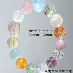 Colorful 12mm macaron crystal bead bracelet with assorted gemstones and a pink quartz charm