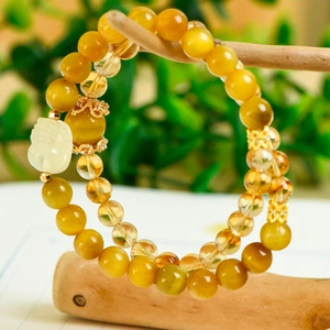 Natural Golden Tiger Eye Yellow Crystal Double Wrap Bracelet For Women With Pixiu Charm Lucky Wealth Hand-Woven Jewelry Gift