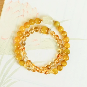 Natural Golden Tiger Eye beads bracelet with Citrine and carved jade Pi Xiu charm