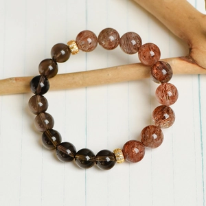Natural smoky quartz and rutilated quartz 9mm bead bracelet with gold-plated accents