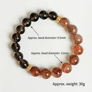 9.5mm smoky quartz and 11mm rutilated quartz beaded bracelet with gold accents