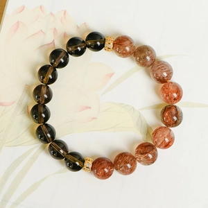 9mm natural smoky quartz beaded bracelet with rutilated quartz and gold spacers
