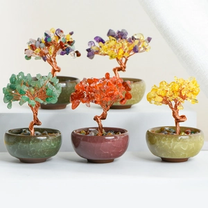 Albero della Ricchezza in Cristallo Naturale Fatto a Mano Ornamento Feng Shui Filo di Rame Avvolto Albero di Gemme Vaso in Ceramica Decorazione Casa Ufficio