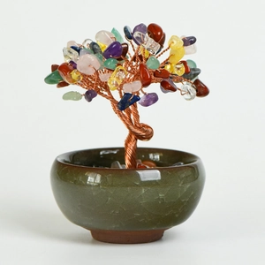Albero della vita in cristalli naturali con pietre varie in vaso di ceramica verde