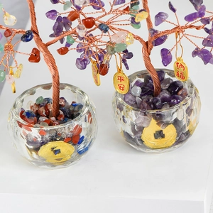Set de árboles de la fortuna de cristal con piedras naturales y base de vidrio