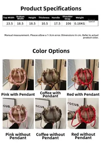 Size guide for wool plaid bucket bag with strap length and color options details