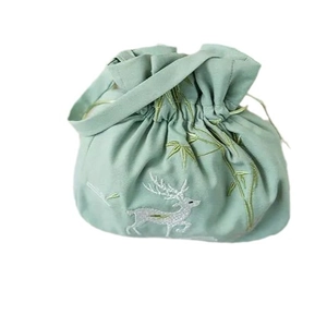 Traditional Chinese style green lace embroidery drawstring bag with deer and bamboo pattern
