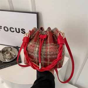 Woolen Plaid Bucket Bag With PU Leather Woven Handle Drawstring Closure Retro Fashion Shoulder Handbag For Women