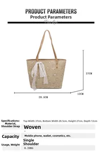 Straw tote bag detail with floral embroidery and white lace ribbon bow decor