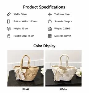 Detailed sizing chart and specifications for handmade woven handbags with lace bow