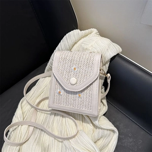 Women Crossbody Bag PU Leather Straw Woven Daisy Embroidery Small Square Phone Pouch Pastoral Style Handbag