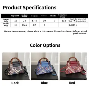 Size chart for ethnic canvas handbag featuring wooden ring handles and geometric patterns