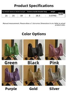 Guide des tailles pour sac à main strass avec dimensions 21x18x5cm en six couleurs
