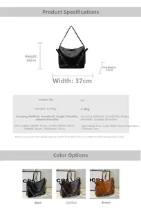 Detailed size specifications for a stylish 3-way multi-carry large PU leather tote bag