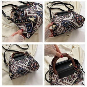 Ethnic bohemian canvas handbag with geometric woven texture and round wooden handle