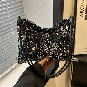 Women Fashion Shiny Sequin Shoulder Bag Stylish Underarm Purse With Knotted Strap PU Leather Bag For Party Daily Carry
