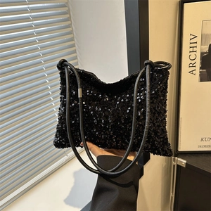 Fashionable black sequin bucket bag for women with dual leather straps and zipper closure
