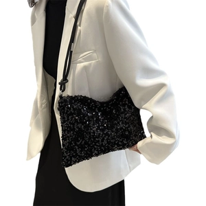 Sparkly black sequin bucket bag for women with elegant leather shoulder strap