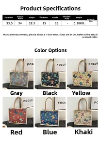 Tableau des tailles et options de couleurs pour le sac fourre-tout en lin à motifs