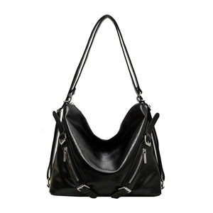 Glossy black PU leather tote bag with silver decorative zippers and double shoulder straps