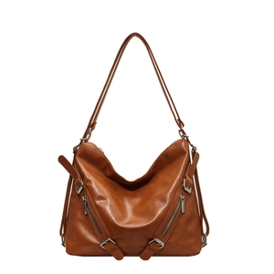 Brown leather large tote shoulder bag with metallic zipper details and adjustable strap