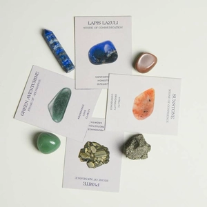 Natural healing crystal set with polished stones, raw minerals and hexagonal prism wands