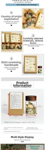 Detailed view of 5 elements natural crystal stone bottles in wooden frame display box