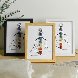 7 Chakra Natural Crystal Tumbled Stone Wooden Photo Frame Meditation Yoga Zen Style Desktop Decoration Healing Stones Gift