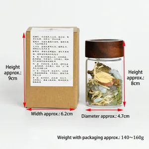 Natural crystal stone and dried herb mix in a glass jar with a premium wooden lid