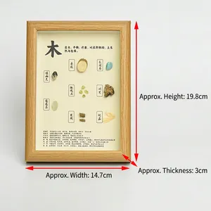 Wooden frame with crystal and herbal specimens including green phantom and amazonite