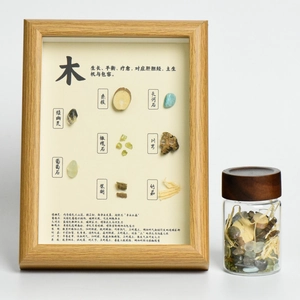 Five Elements Wood themed shadow box with natural crystals and medicinal herbs