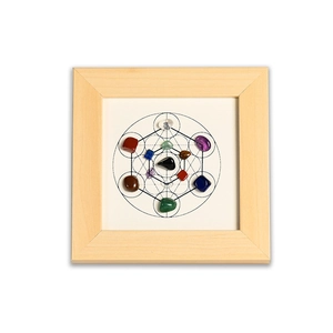 Cadre cristal Cube de Métatron avec pierres naturelles et cadre en bois clair