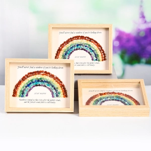 Rainbow Natural Stone Crystal Gravel Shadow Box Wood Frame Inspirational Quote Desktop Decor Aesthetic Healing Art Ornament Gift