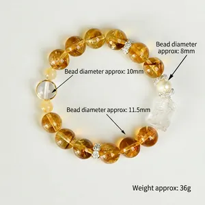 Bracciale in cristallo giallo naturale 11mm con quarzo bianco e ciondolo a mano