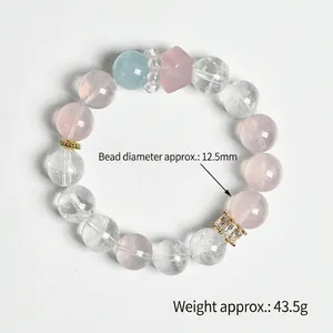 12mm natural rose quartz bracelet with aquamarine and clear crystal beads for women