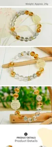 Détails du bracelet en cristal blanc de 10mm avec un pendentif renard en citrine jaune