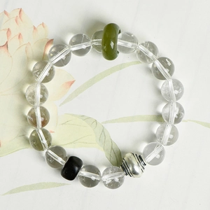 Natural 10mm white crystal beaded bracelet with green jade loop and silver charm