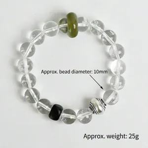 Natural white crystal 10mm beaded bracelet with green jade ring and silver ornament