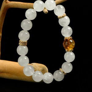 Natural White Phantom Crystal And Yellow Citrine Beaded Bracelet With Rhinestone Alloy Spacers Handmade Jewelry For Women