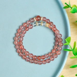 Natuurlijke aardbeienkristal dubbellaagse armband met heldere kwartskralen voor dames