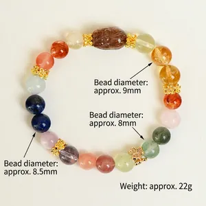 Bracelet en cristal naturel multicolore 8mm avec perle sculptée et détails dorés